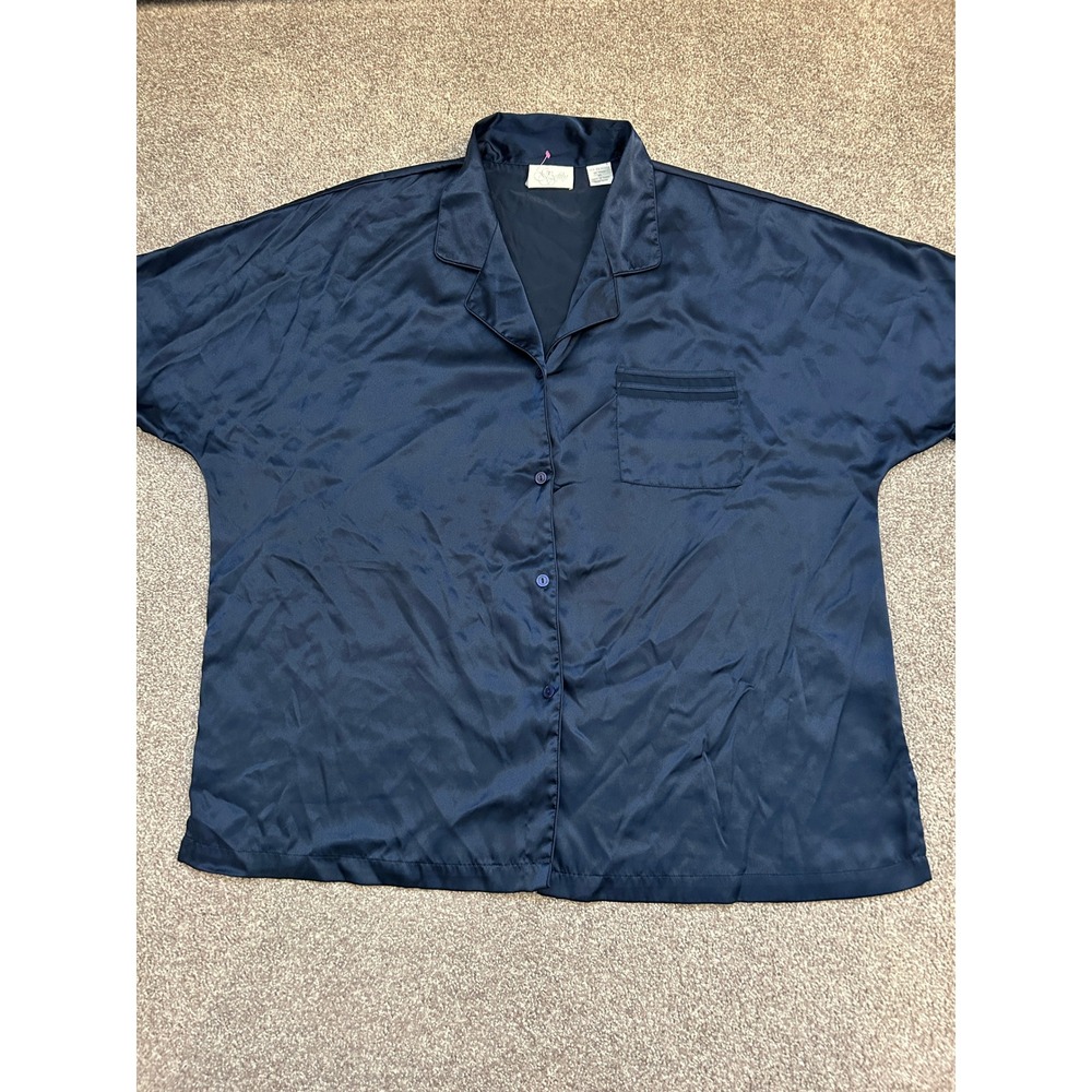 Go Softly Pajama Top Womens XL Navy Blue Excellent Satin Short Sleeve Button Up